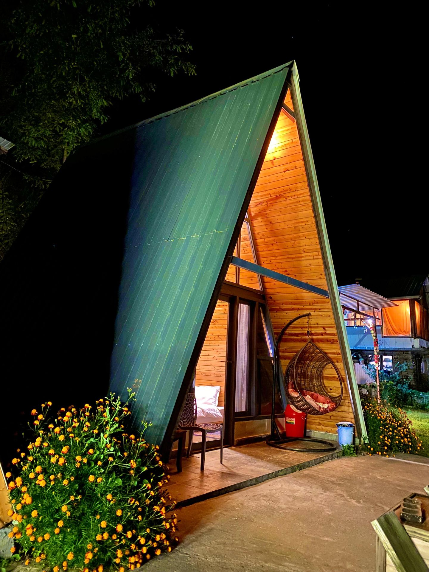 A-frame cottage night view in Jibhi Himachal